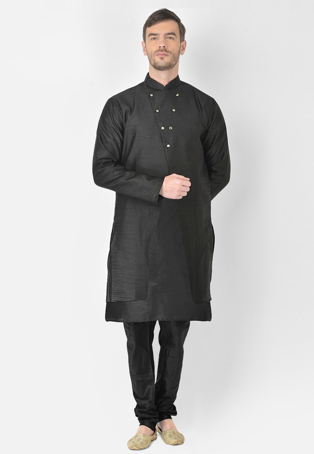 Black Dupion Silk Kurta Pajama With Jacket 244499