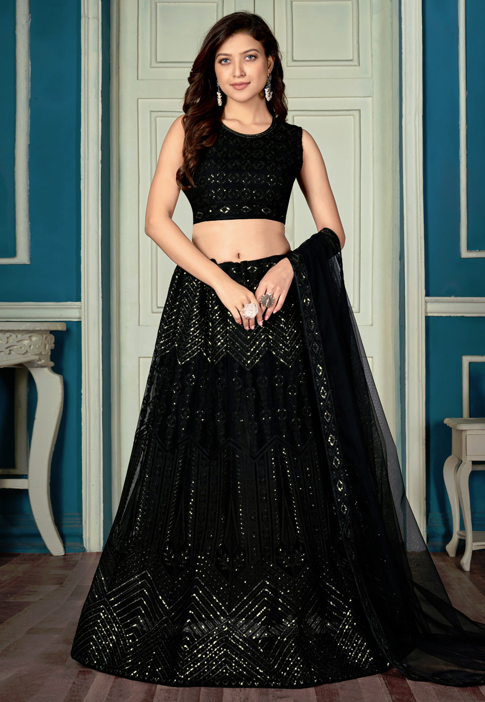 Black Net Circular Lehenga Choli 239036