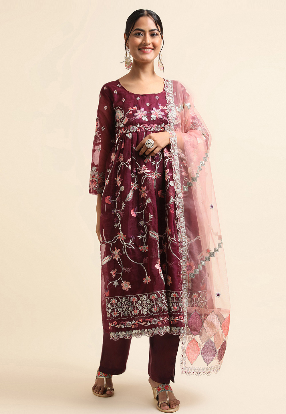 Wine Organza Pakistani Suit 271690