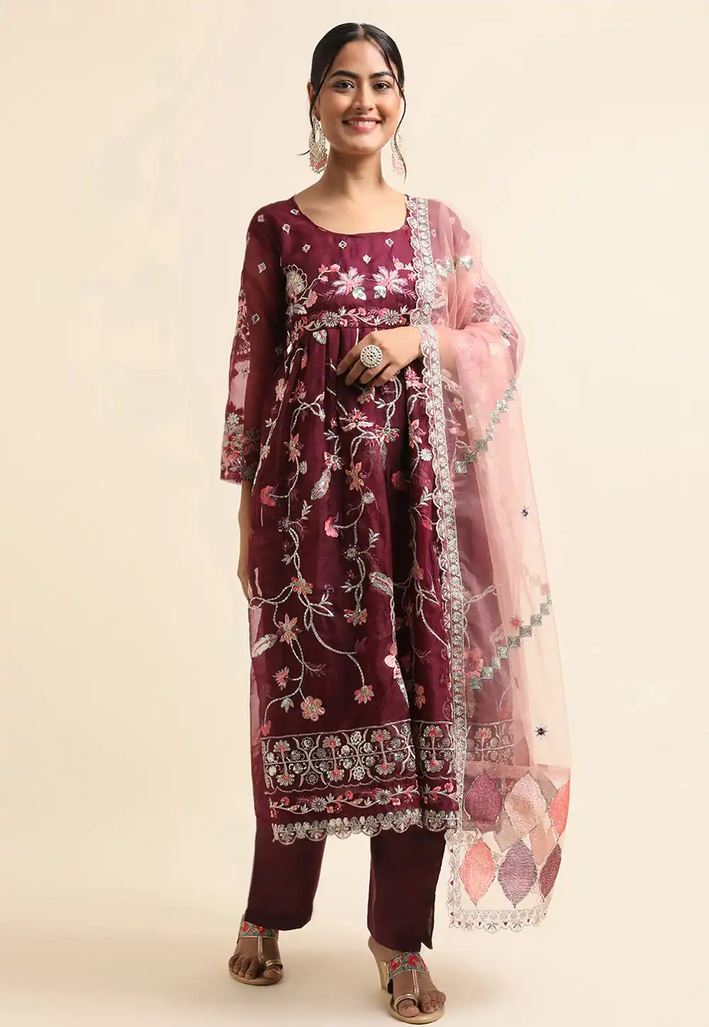 Wine Organza Pakistani Suit 271690