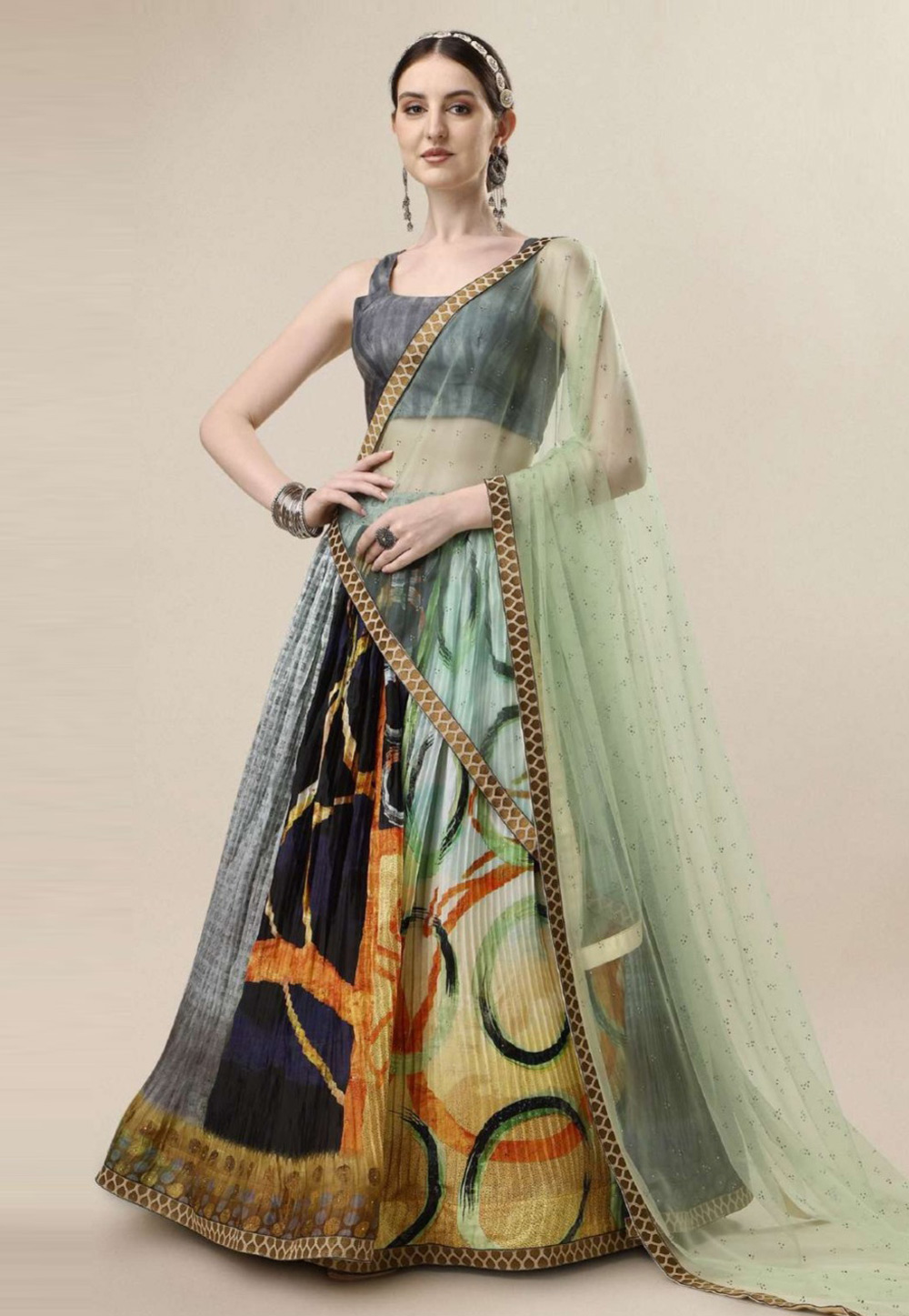 Multicolor Linen Circular Lehenga Choli 265132