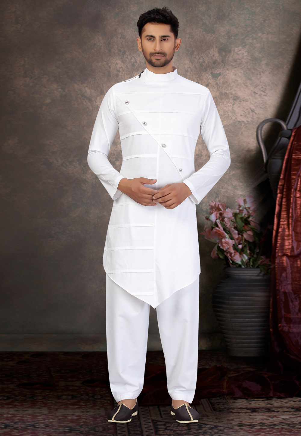 White Cotton Pathani Suit 231033