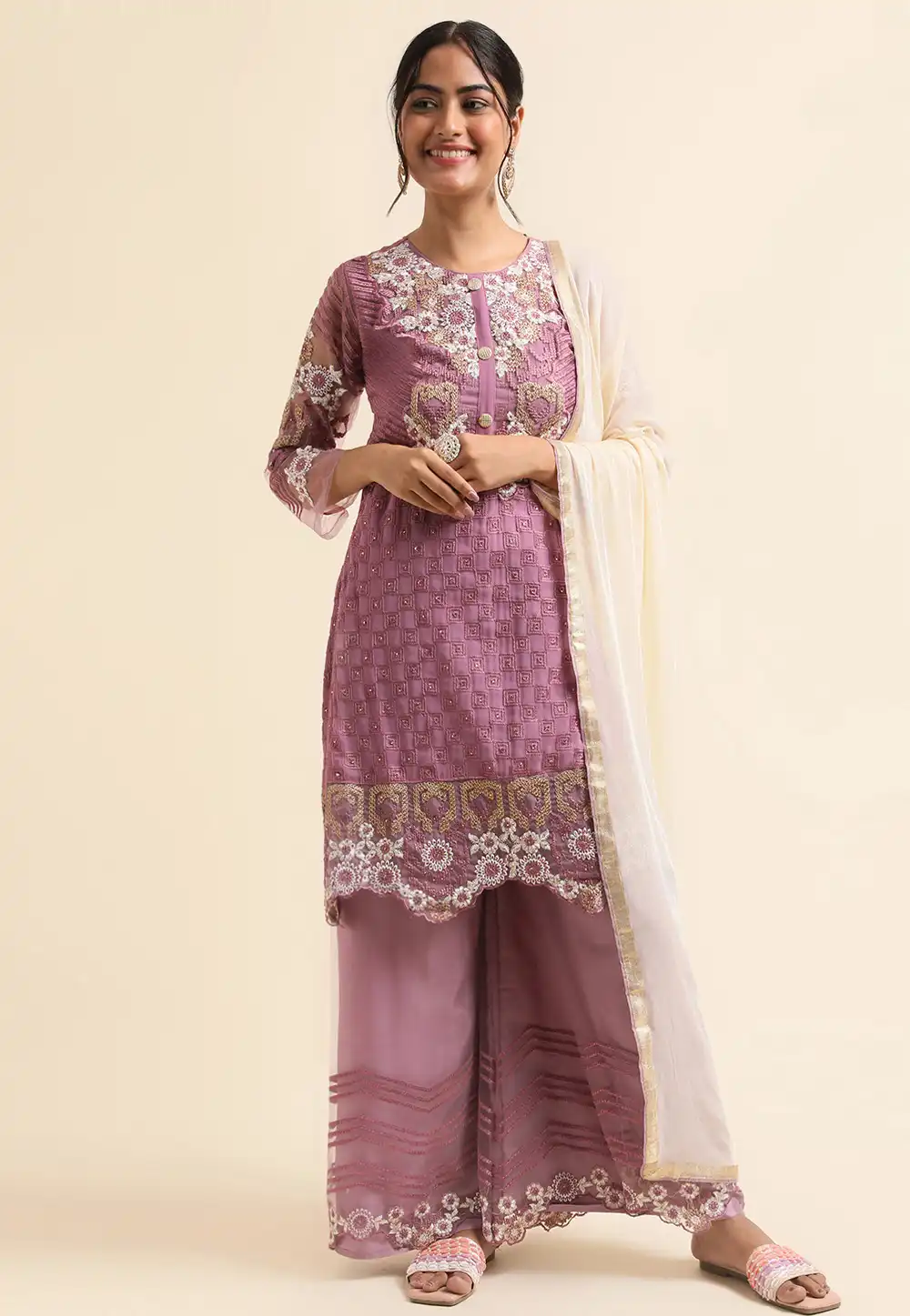 Light Purple Faux Georgette Palazzo Suit 271692