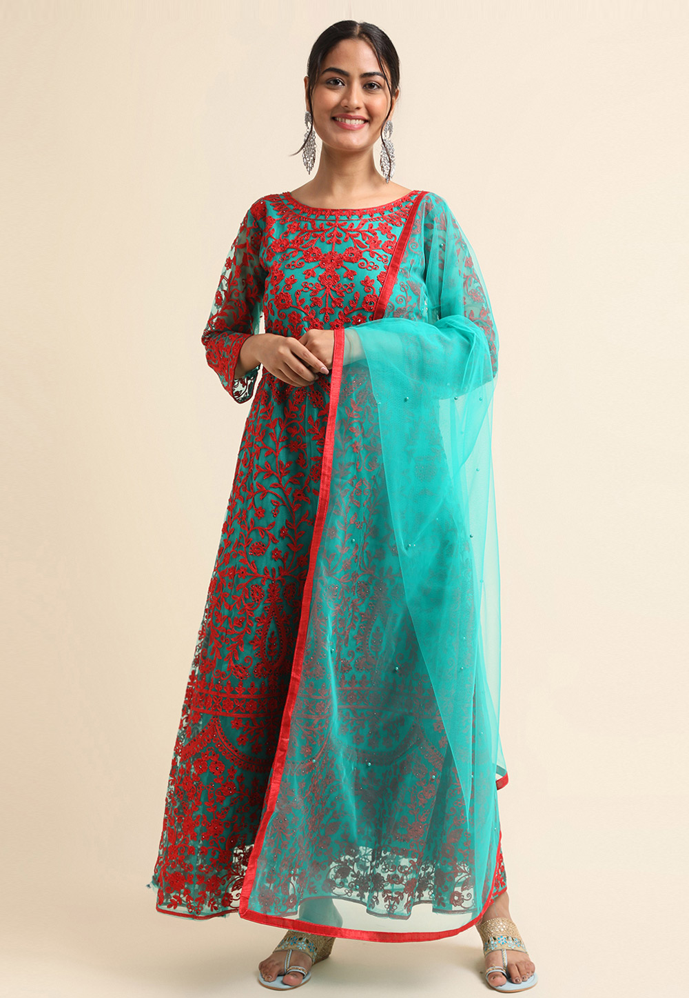 Sea Green Net Long Anarkali Suit 271695