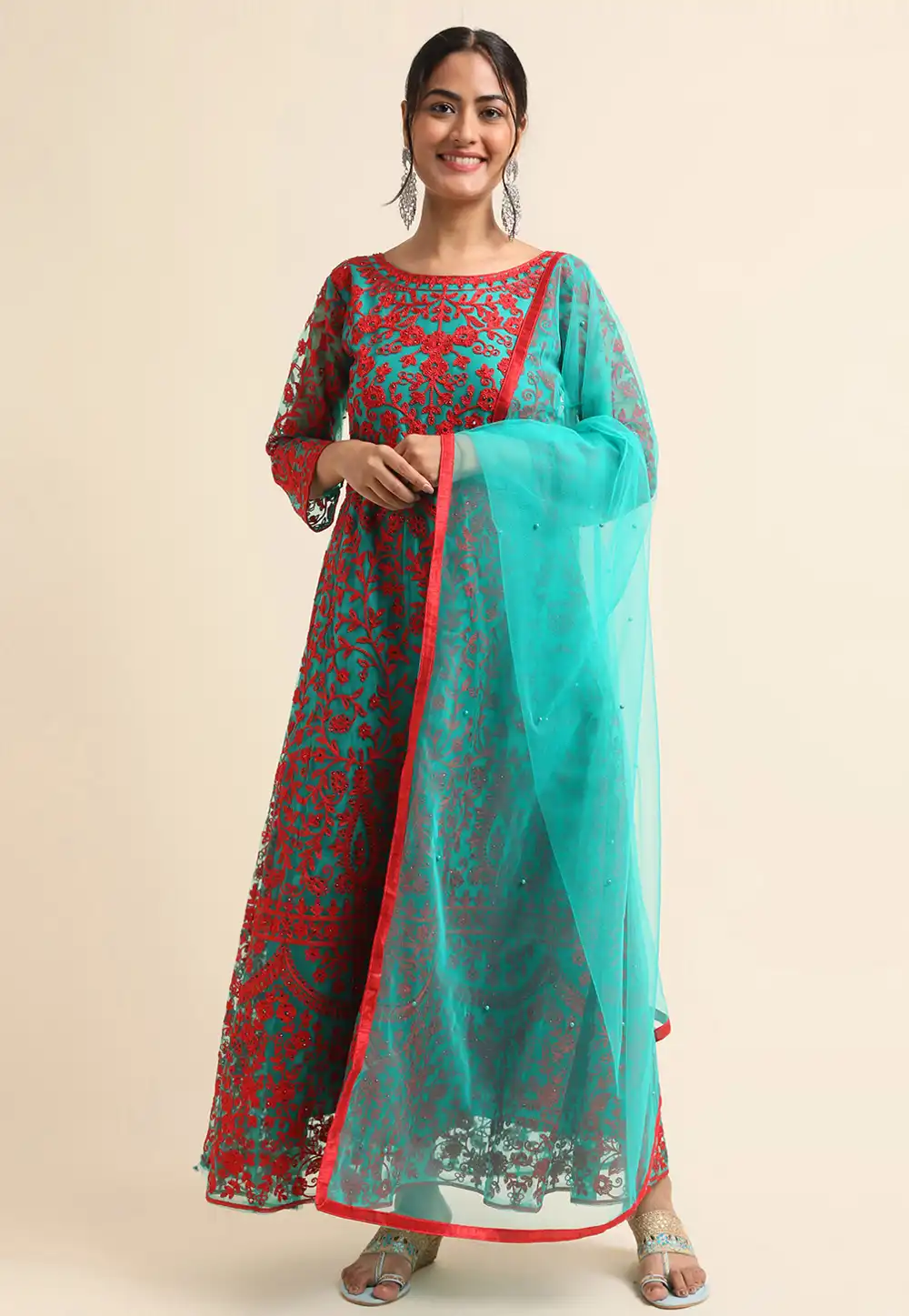 Sea Green Net Long Anarkali Suit 271695