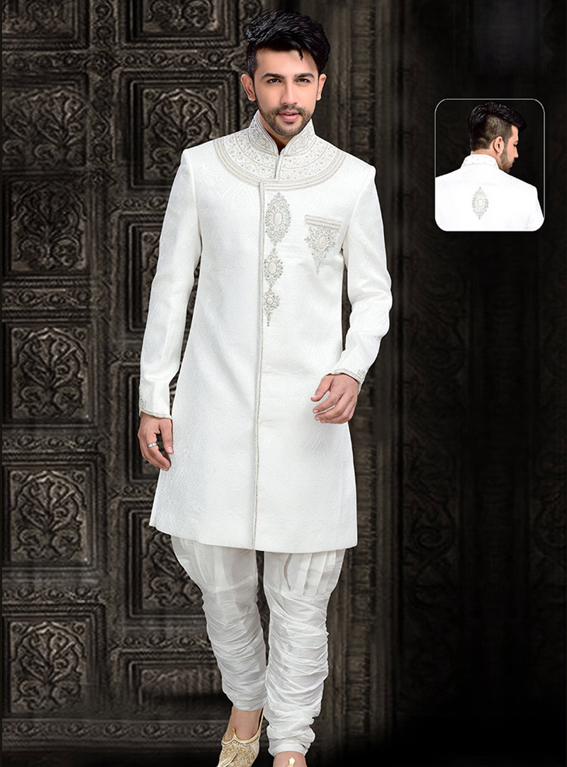 White Jacquard Indo Western Sherwani 67939