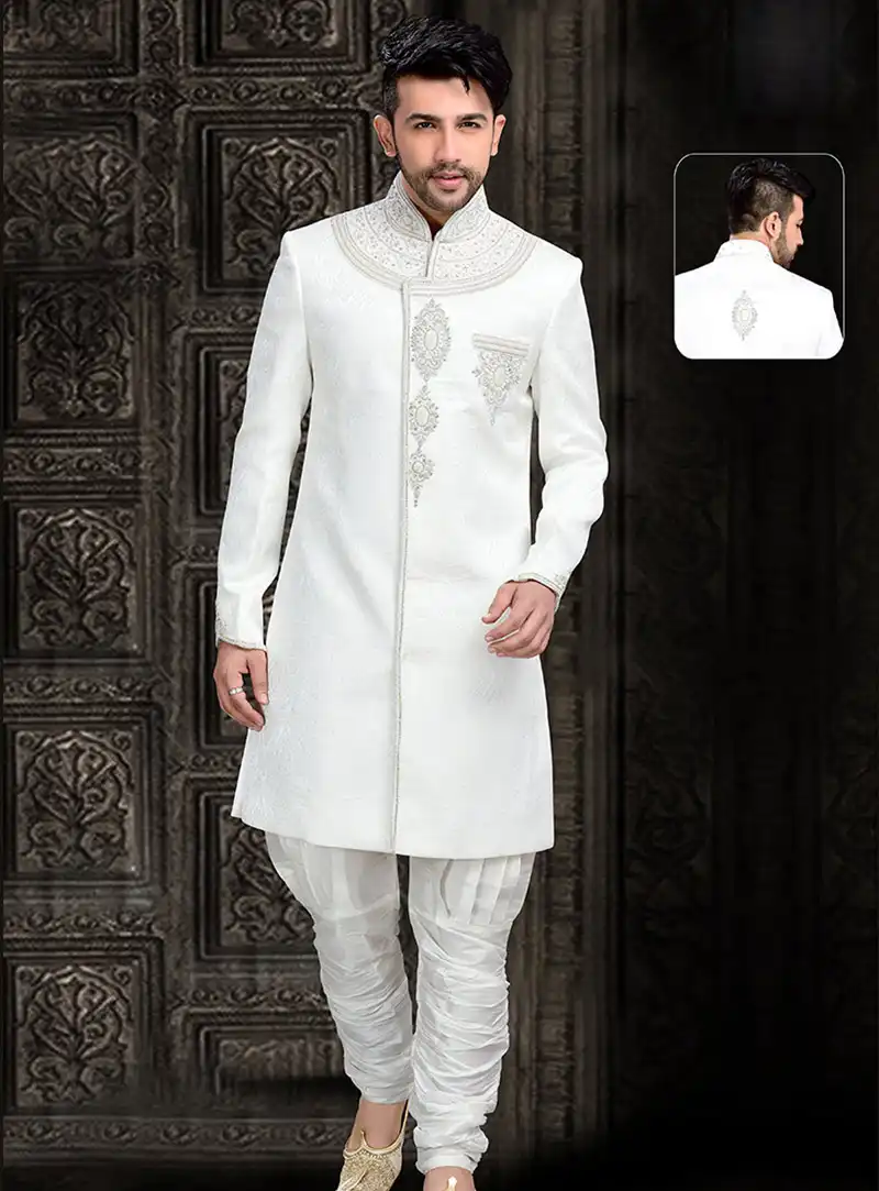 White Jacquard Indo Western Sherwani 67939