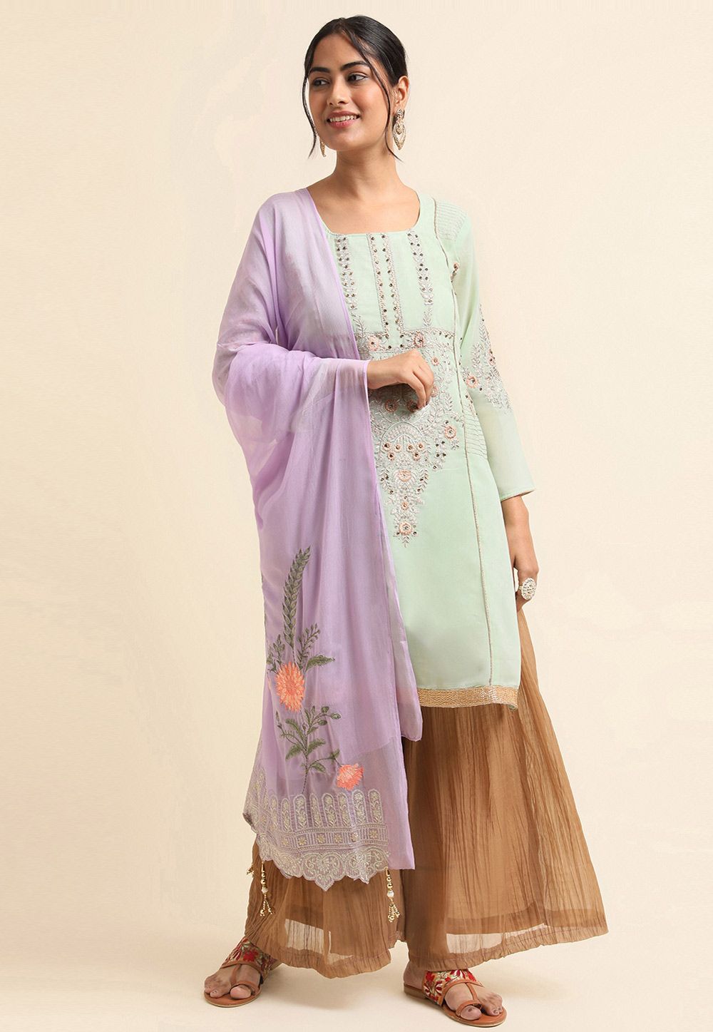 Pista Green Faux Georgette Palazzo Suit 271697