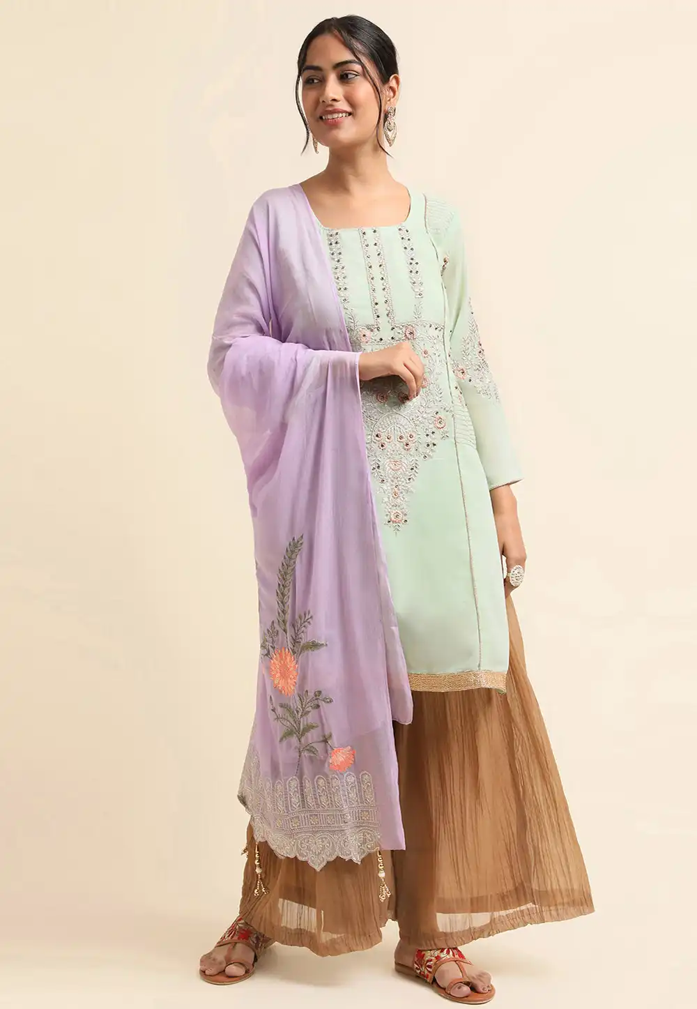 Pista Green Faux Georgette Palazzo Suit 271697