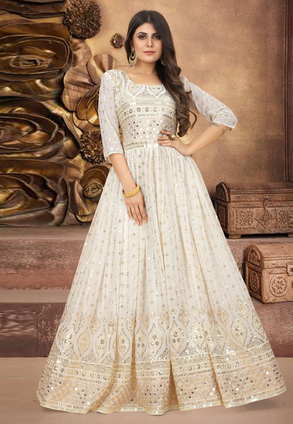 Off White Faux Georgette Gown 246003