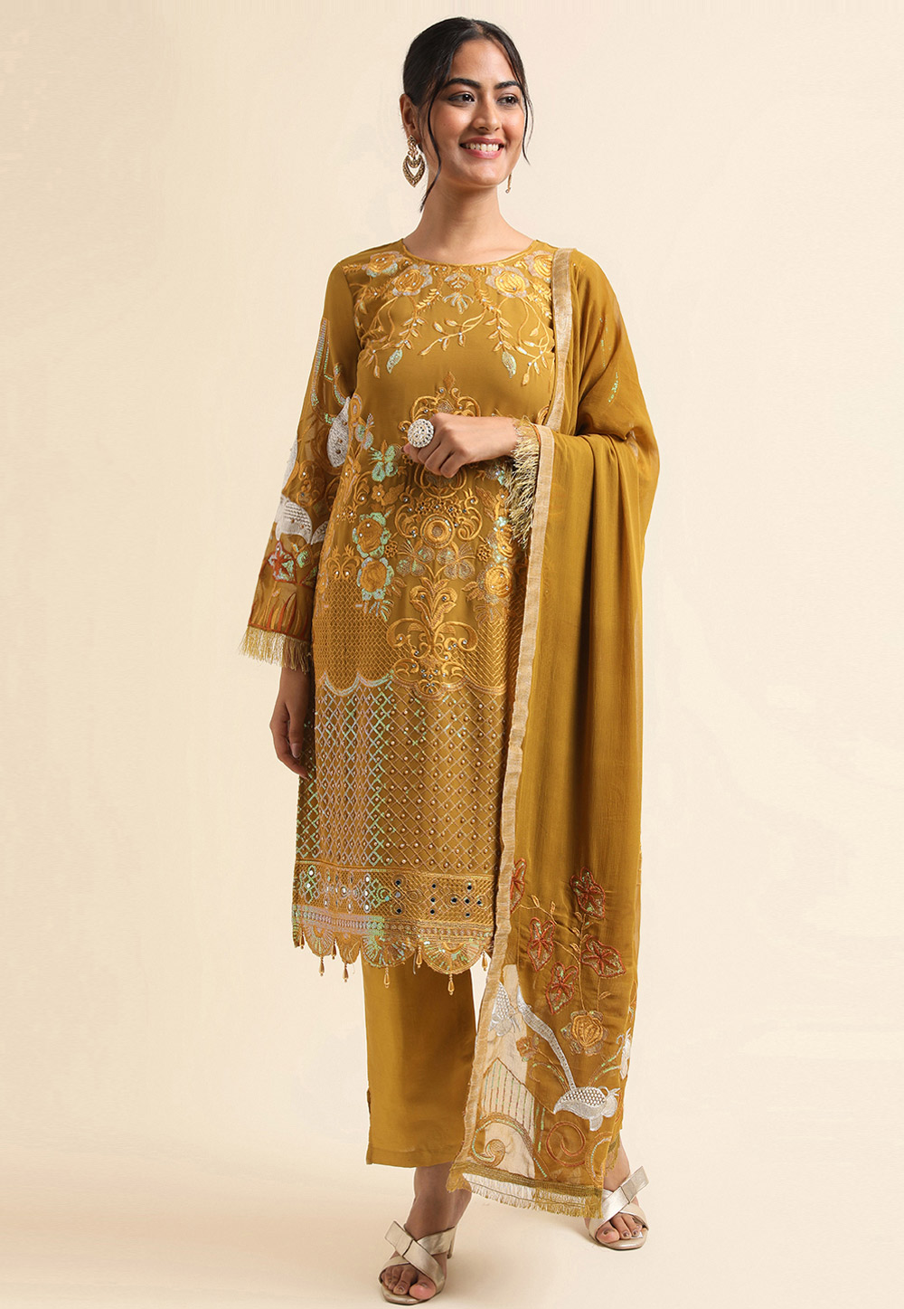 Mustard Faux Georgette Pant Style Suit 271698