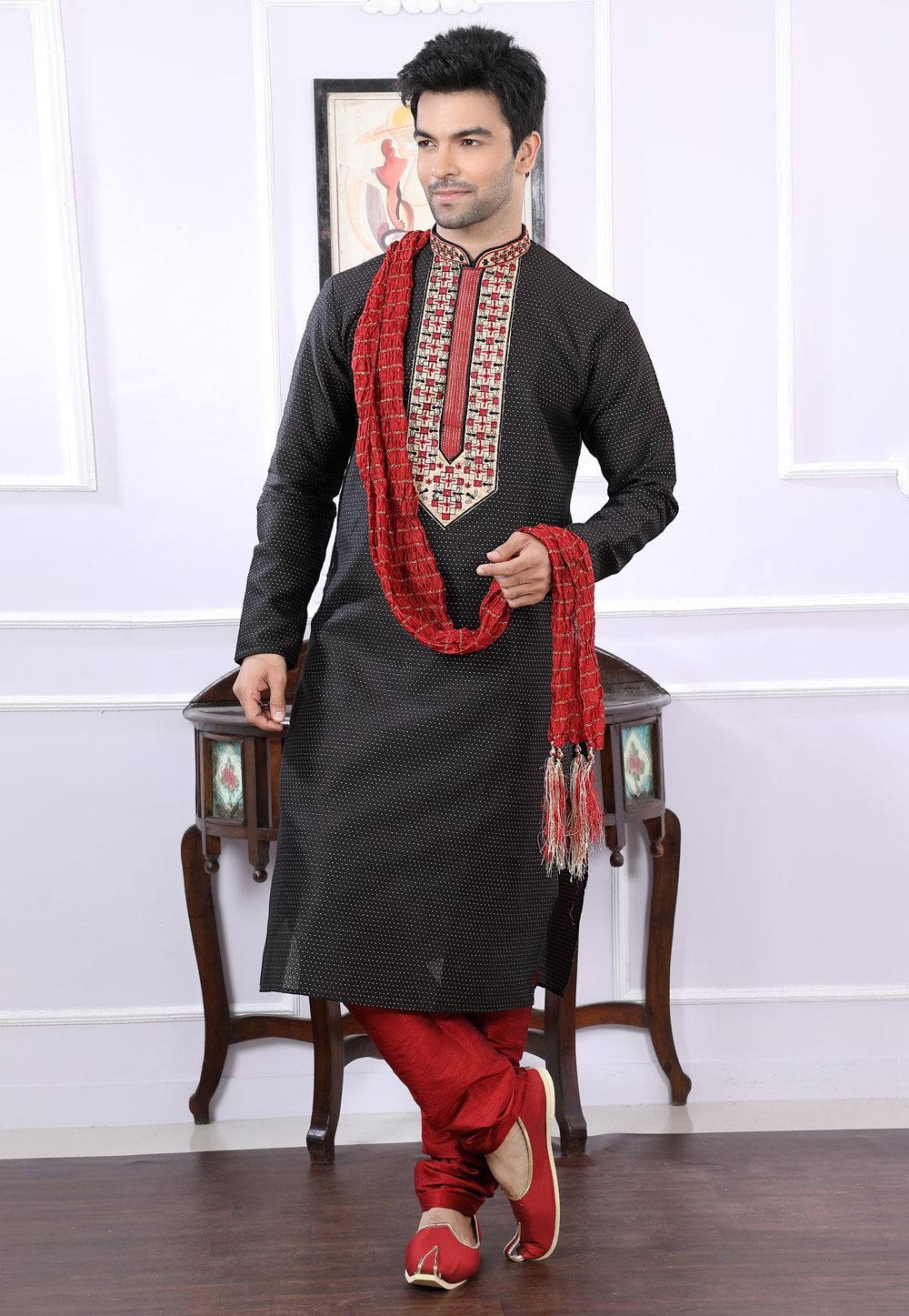 Black Jacquard Readymade Kurta Pajama 166433