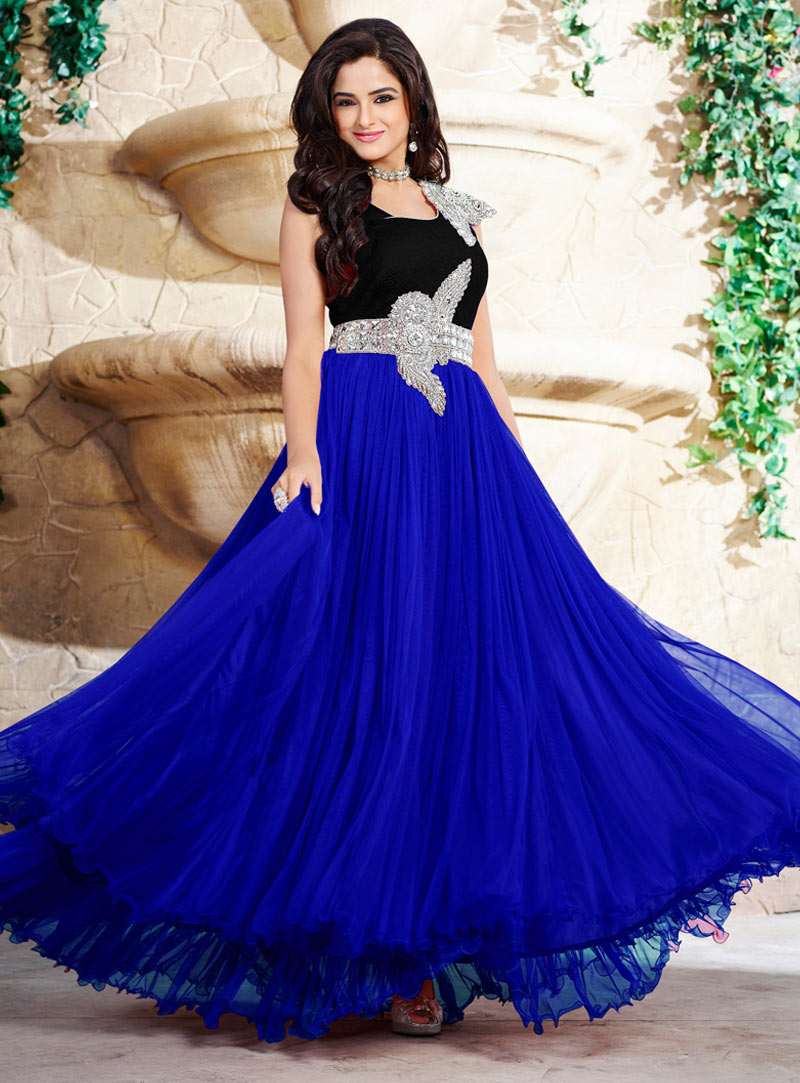 Blue Pure Satin Party Wear Gown 58103