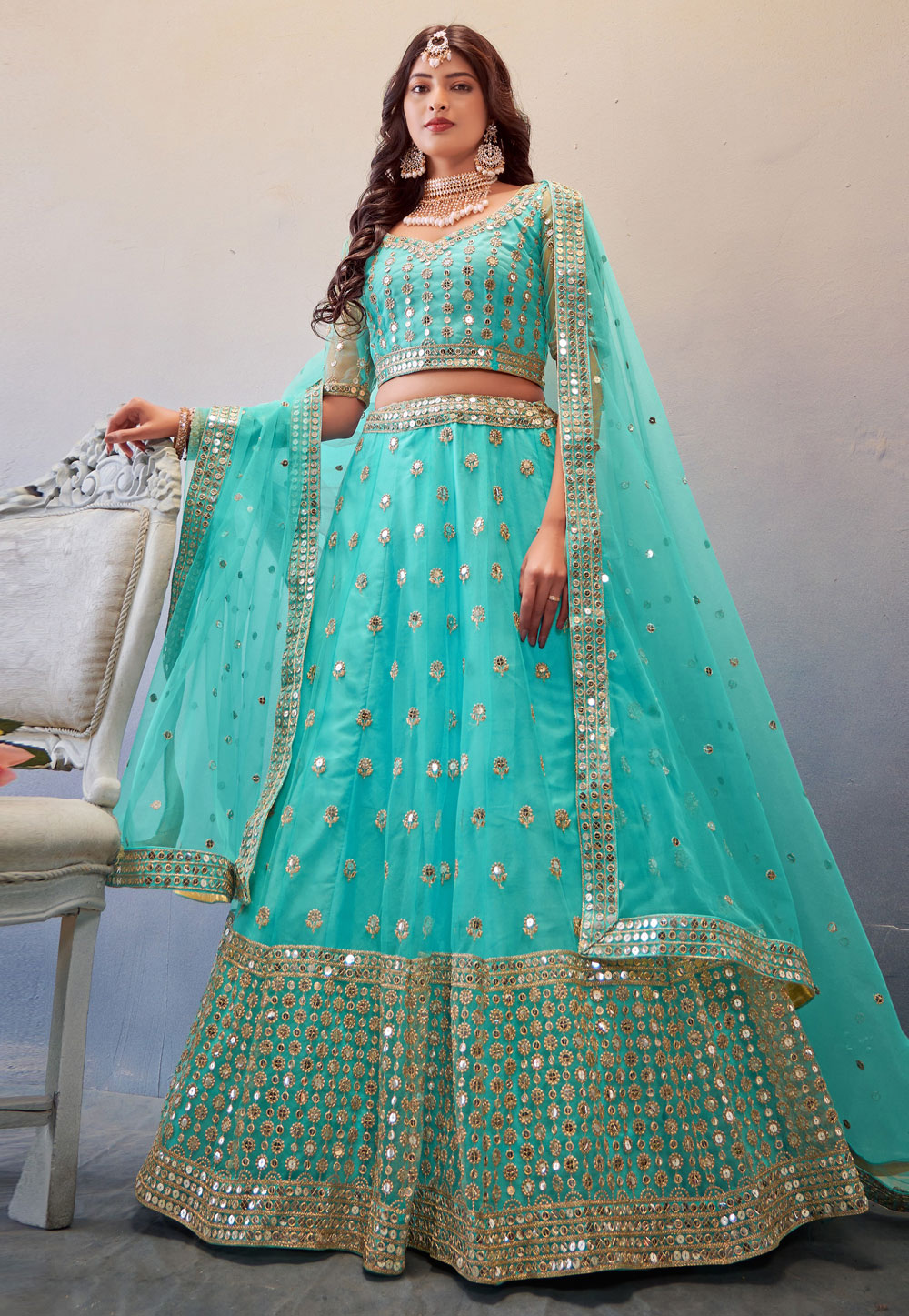 Sky Blue Net A Line Lehenga Choli 260580