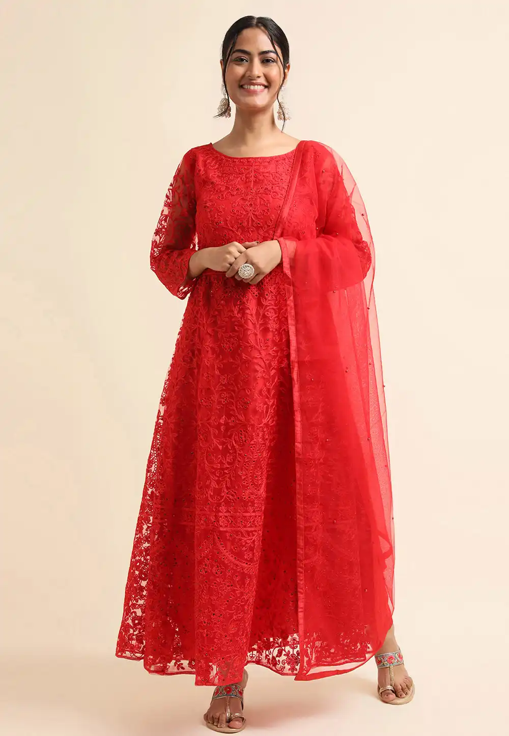 Red Net Abaya Style Anarkali Suit 271699