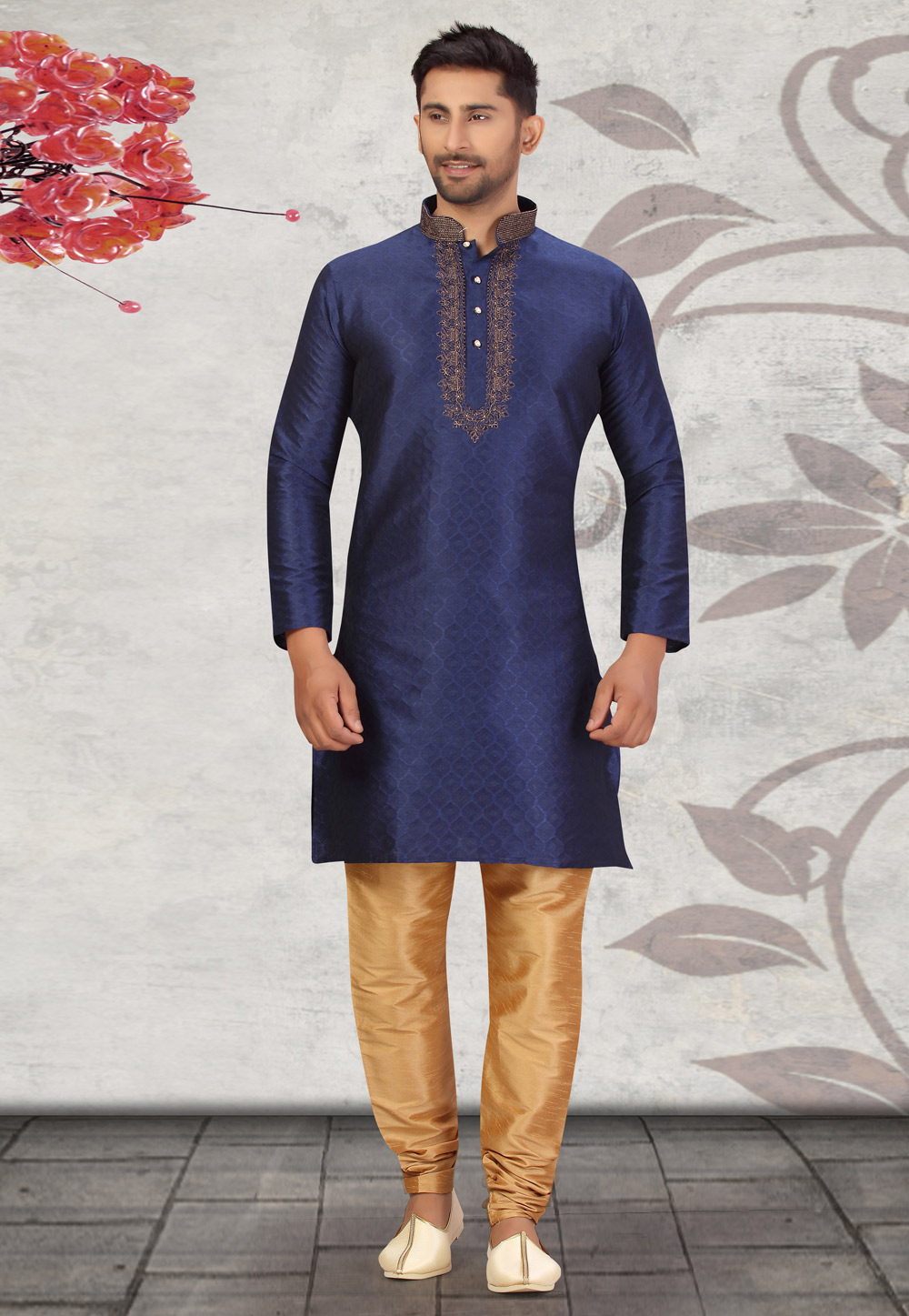 Navy Blue Jacquard Kurta Pajama 231047
