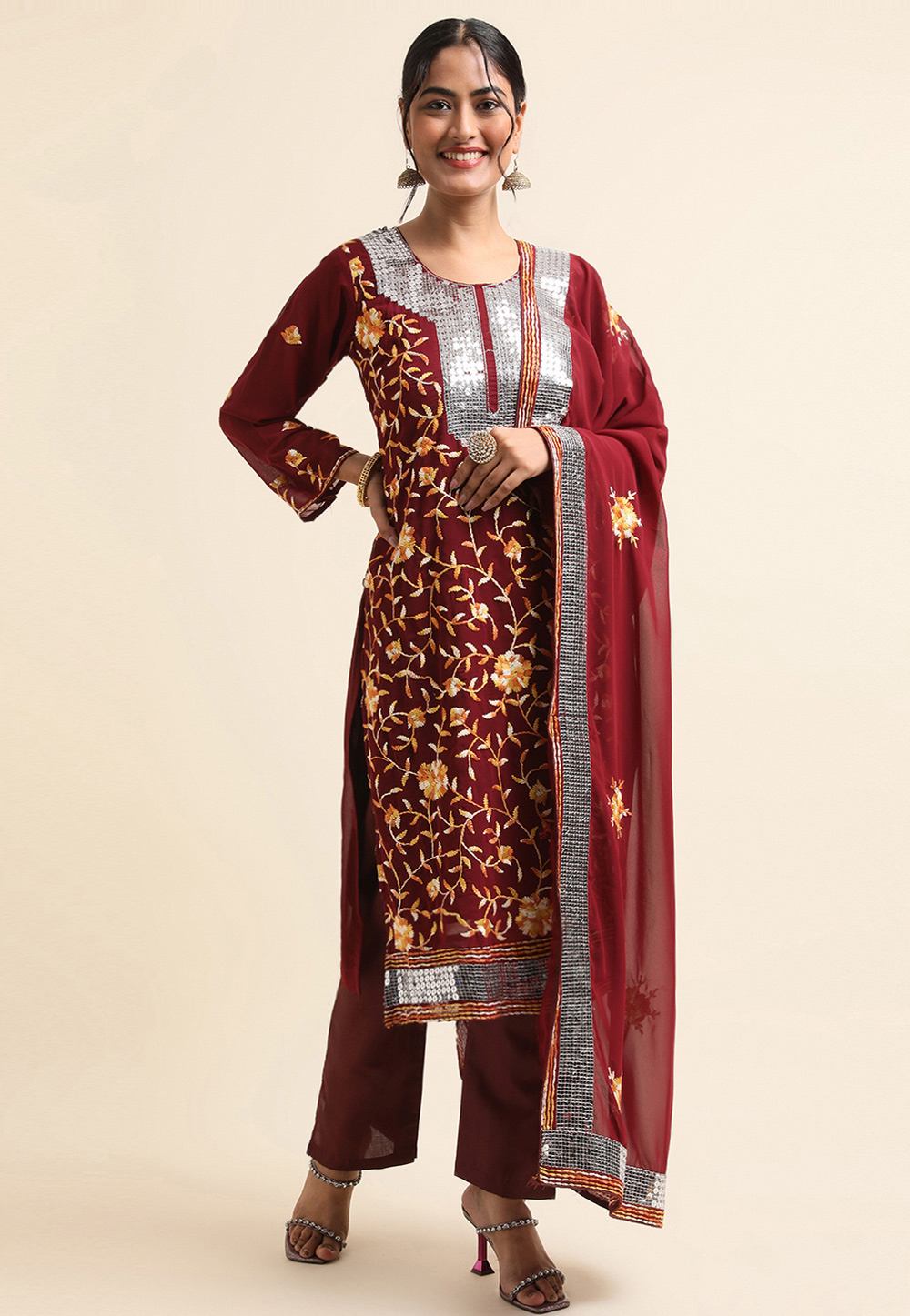 Maroon Faux Georgette Pant Style Suit 271706