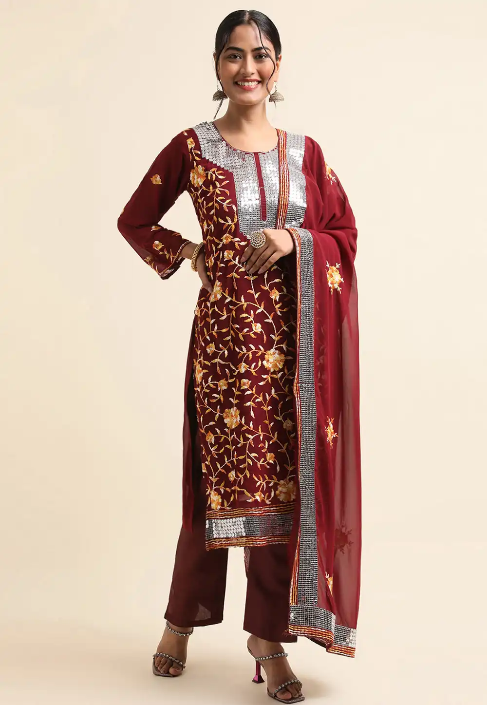 Maroon Faux Georgette Pant Style Suit 271706