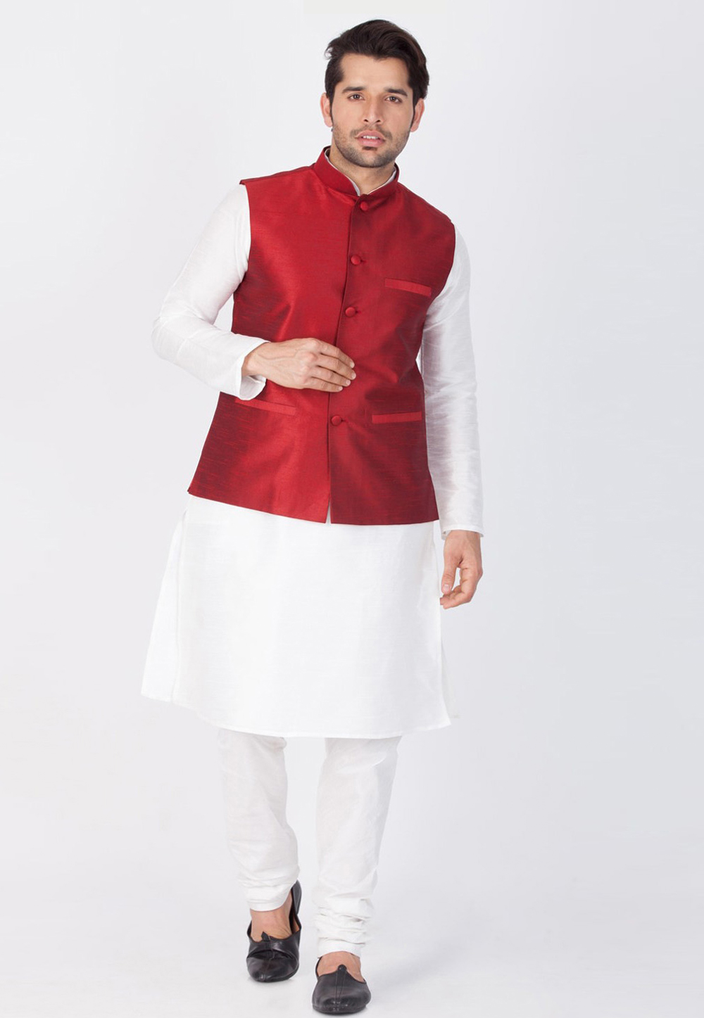 White Dupion Silk Kurta Pajama With Jacket 244502