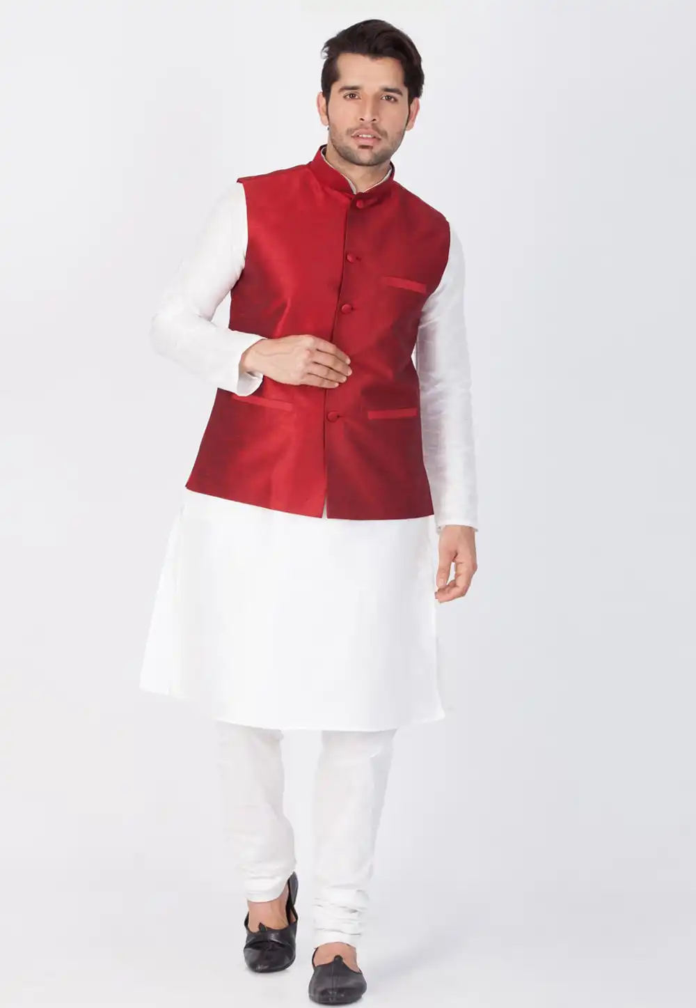 White Dupion Silk Kurta Pajama With Jacket 244502