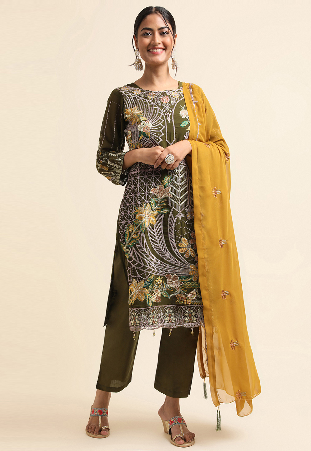 Mehndi Faux Georgette Pant Style Suit 271708