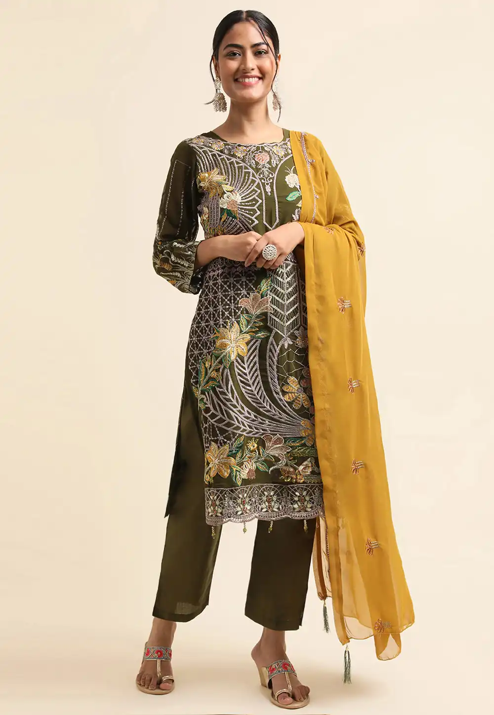Mehndi Faux Georgette Pant Style Suit 271708