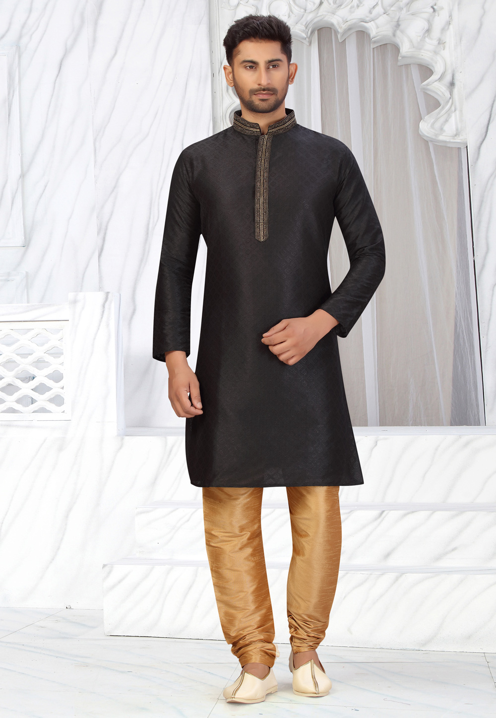 Black Jacquard Kurta Pajama 231050