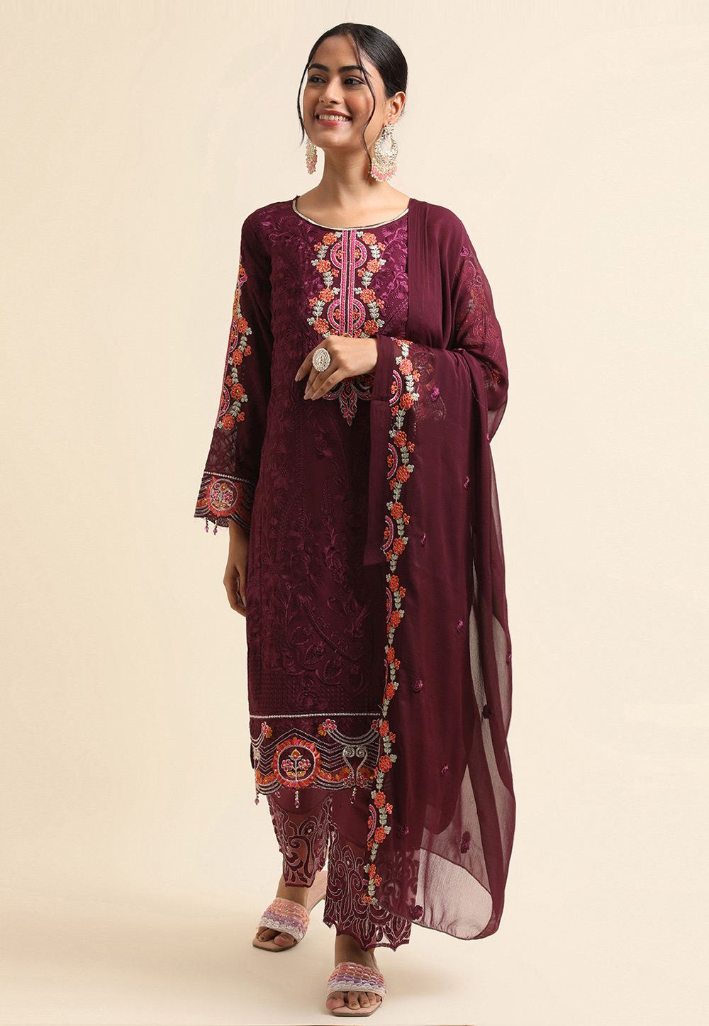 Wine Faux Georgette Pakistani Suit 271709