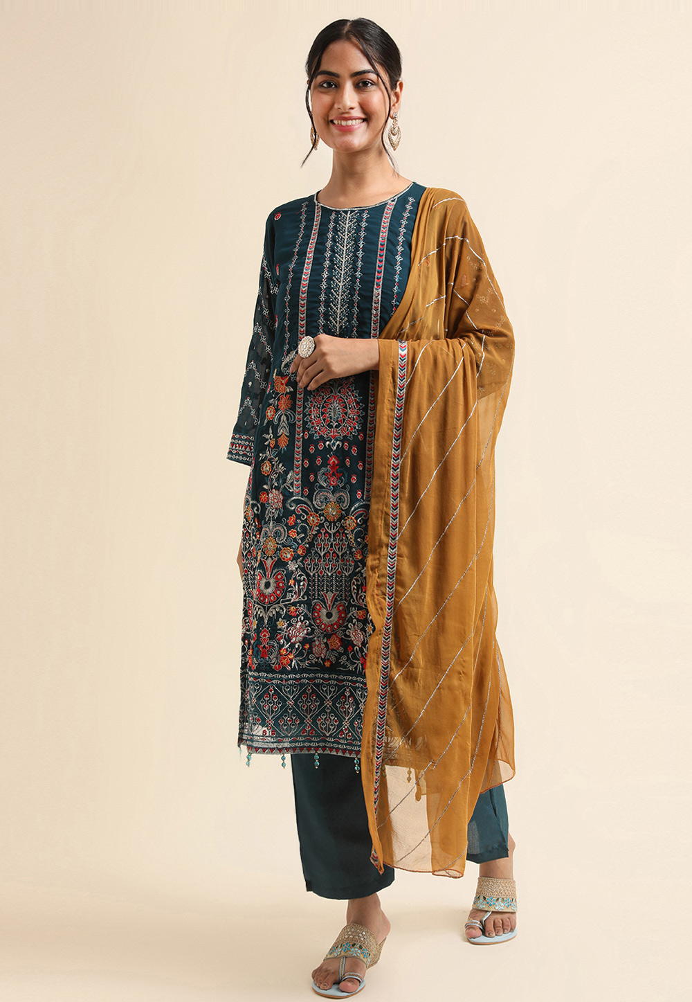 Teal Faux Georgette Pant Style Suit 271710