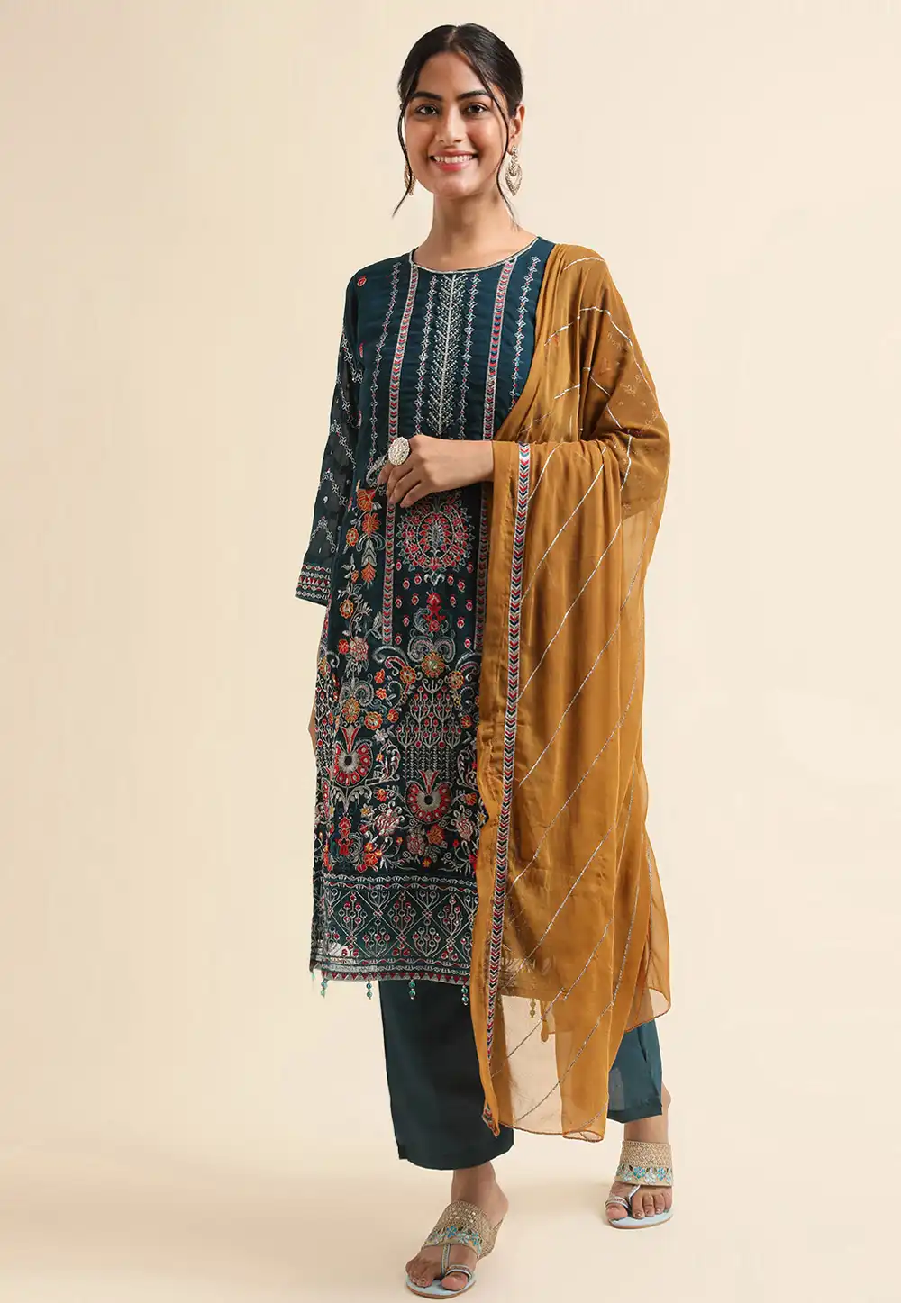 Teal Faux Georgette Pant Style Suit 271710