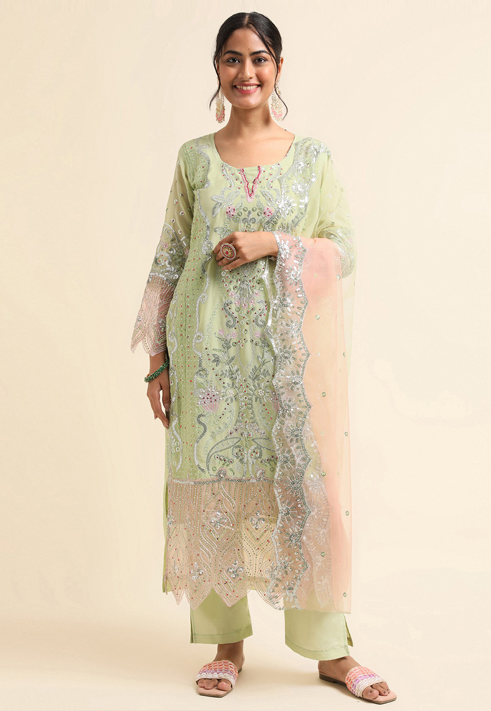 Pista Green Faux Georgette Pant Style Suit 271712