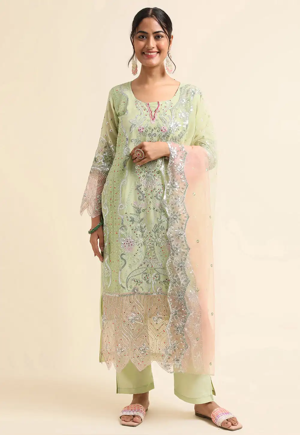 Pista Green Faux Georgette Pant Style Suit 271712