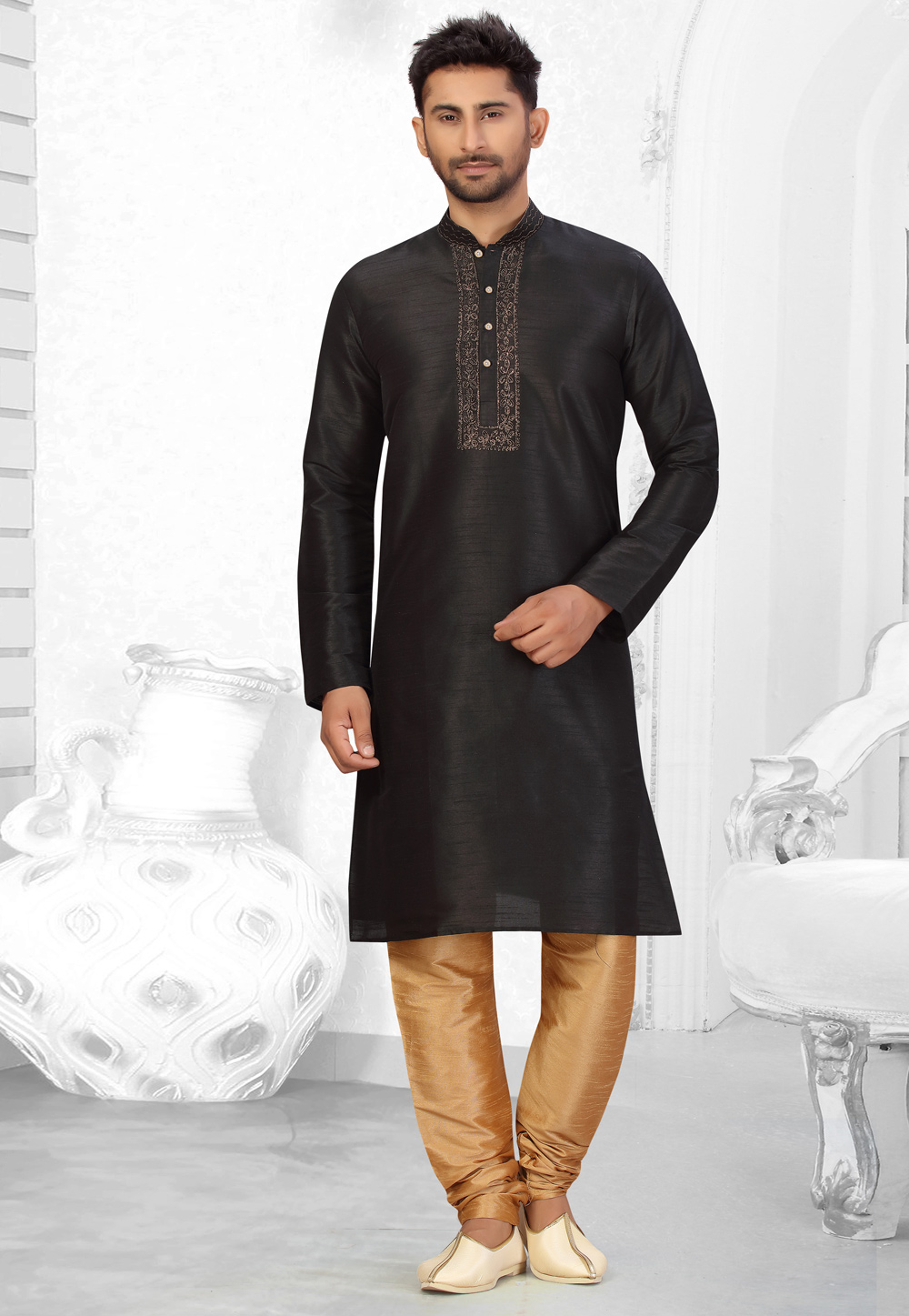 Black Art Silk Kurta Pajama 231054
