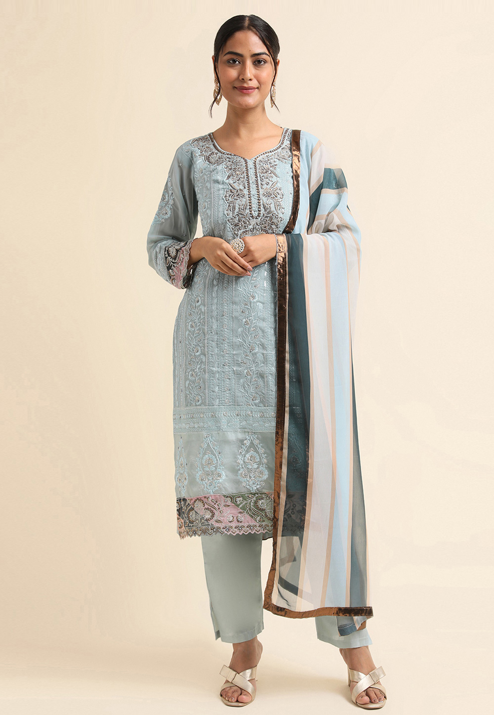 Sky Blue Faux Georgette Pant Style Suit 271717