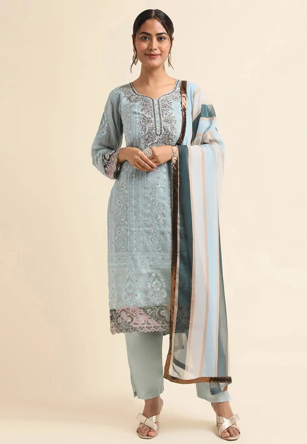 Sky Blue Faux Georgette Pant Style Suit 271717