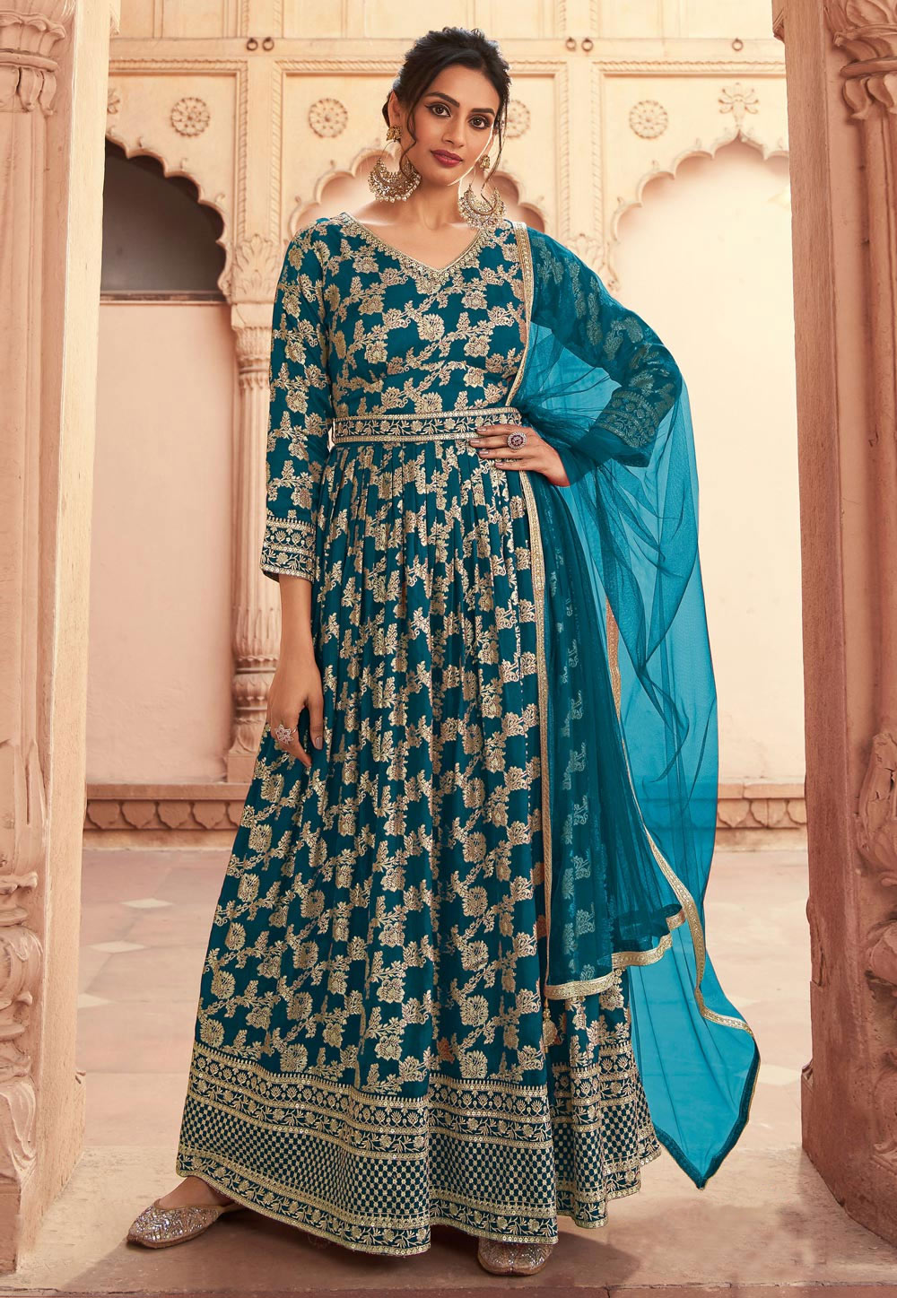 Teal Jacquard Silk Embroidered Long Anarkali Suit 266390
