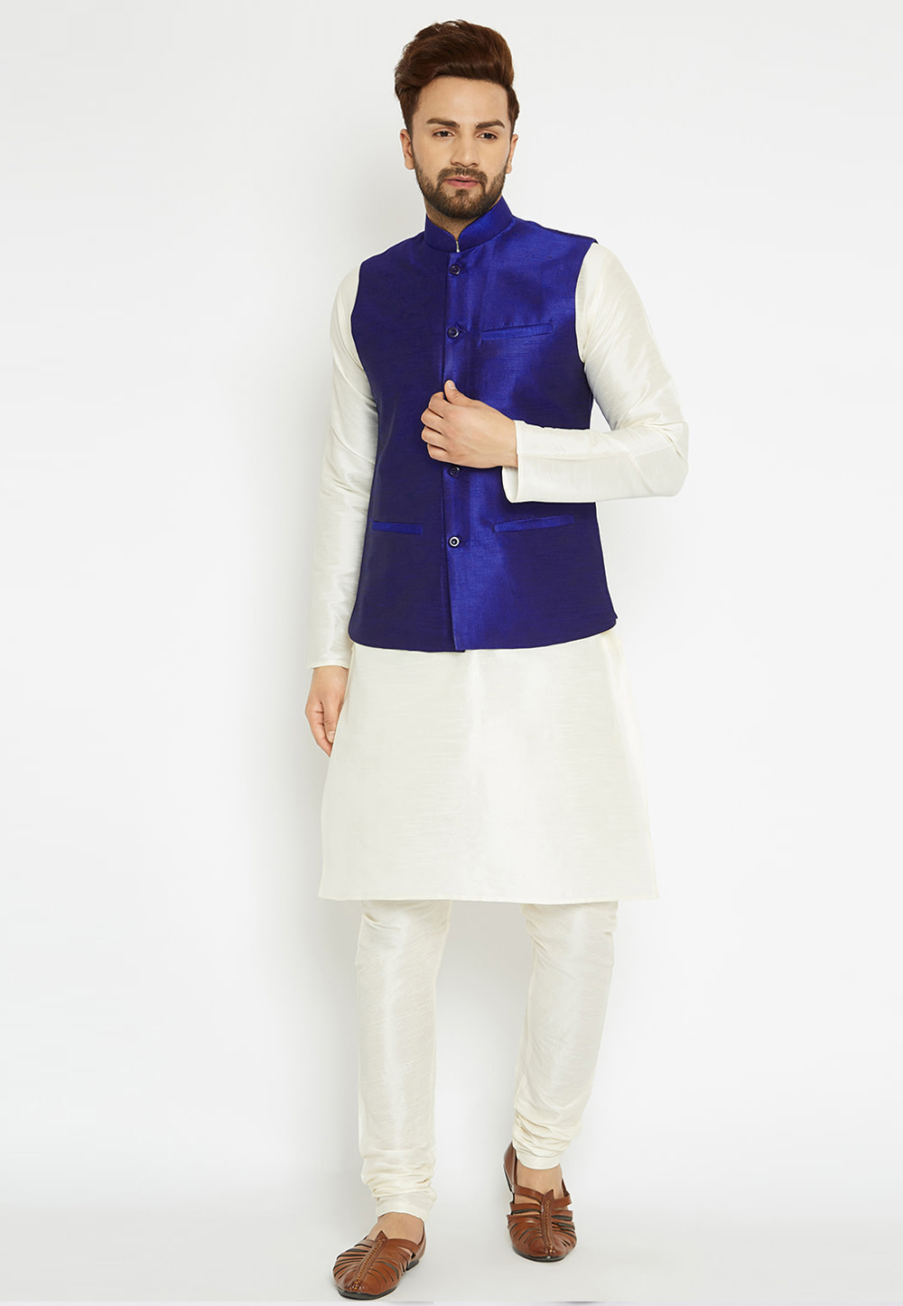 Off White Dupion Silk Kurta Pajama With Jacket 244503
