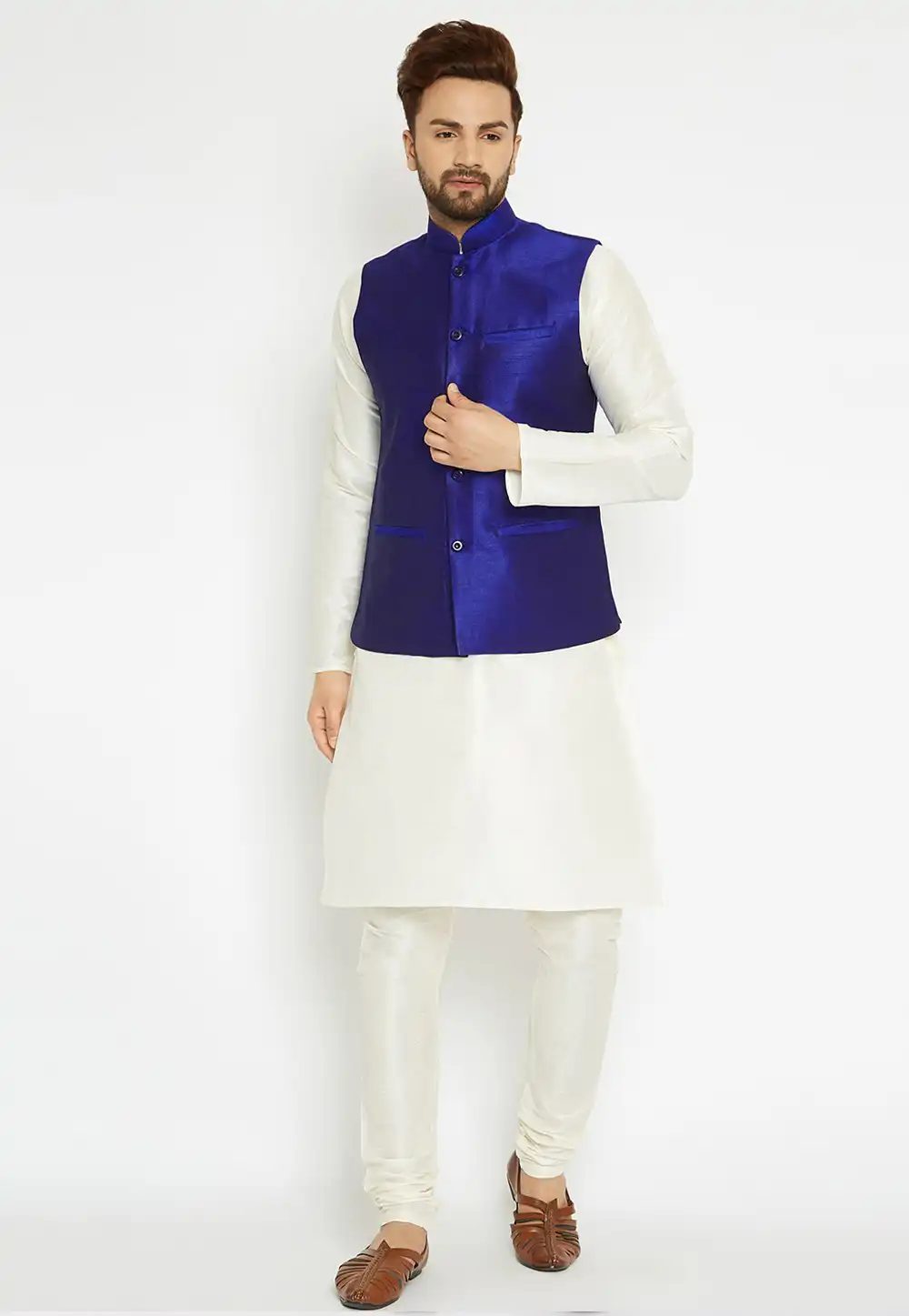 Off White Dupion Silk Kurta Pajama With Jacket 244503