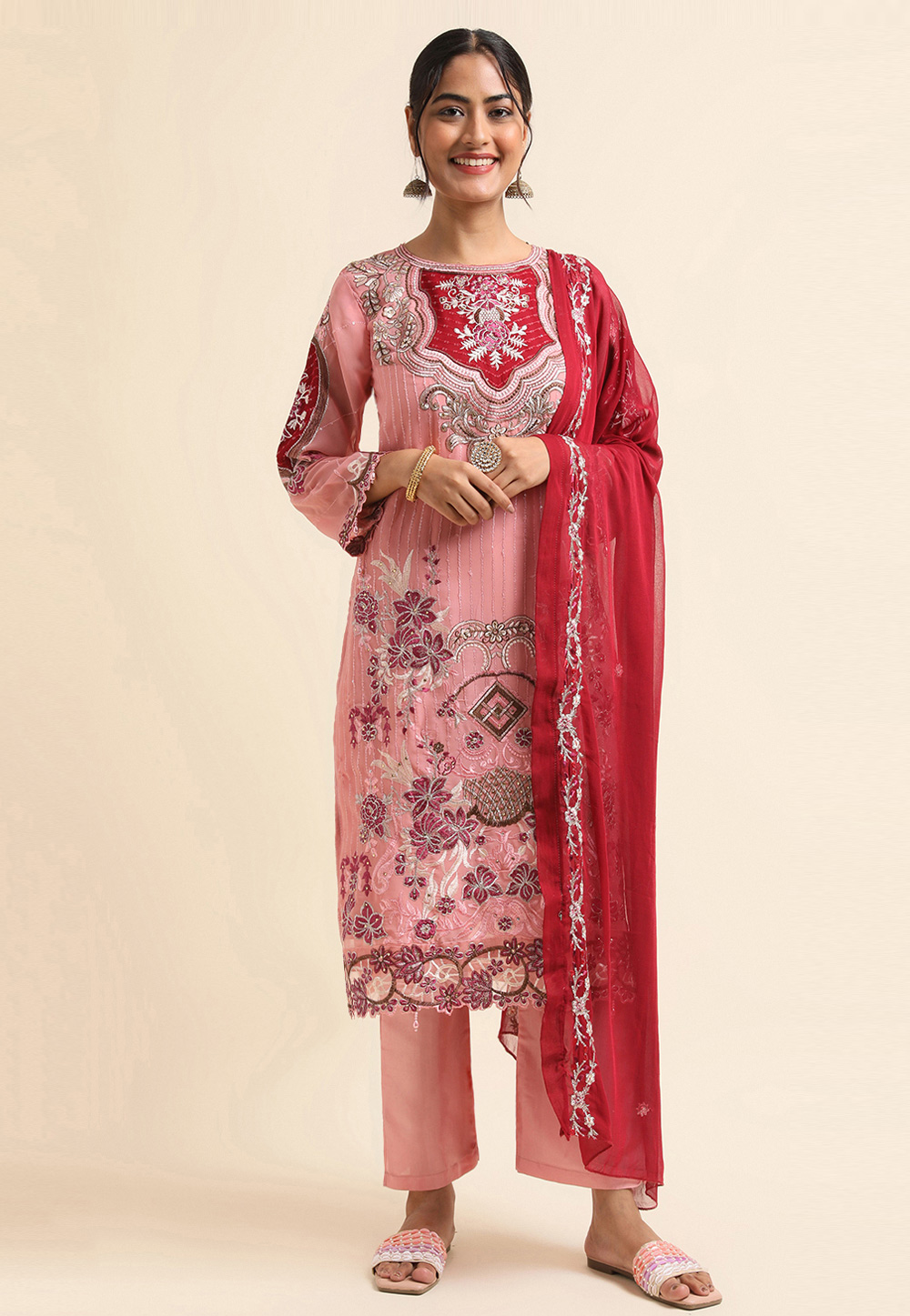 Pink Faux Georgette Pant Style Suit 271719