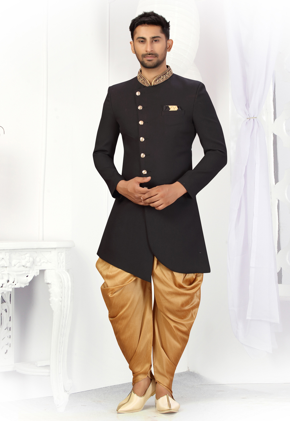 Black Viscose Indo Western Suit 231315