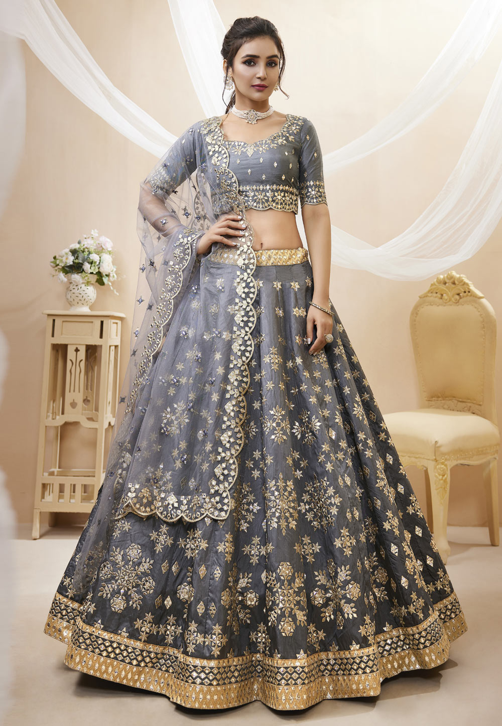 Grey Art Silk Circular Lehenga Choli 267708
