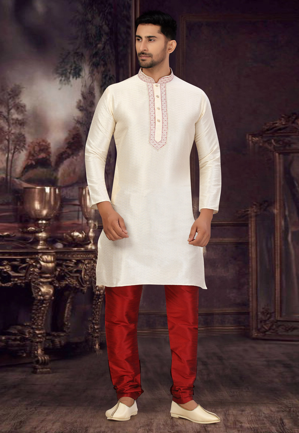 Off White Jacquard Kurta Pajama 231063