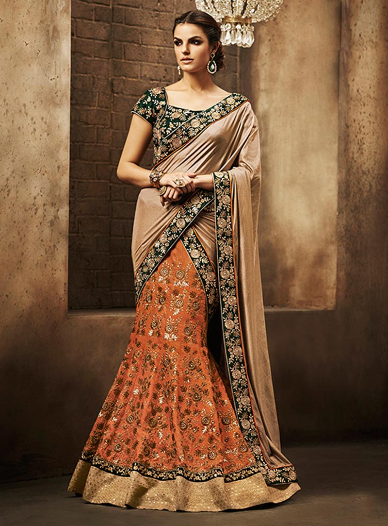 Orange Faux Chiffon Wedding Lehenga Saree 60113