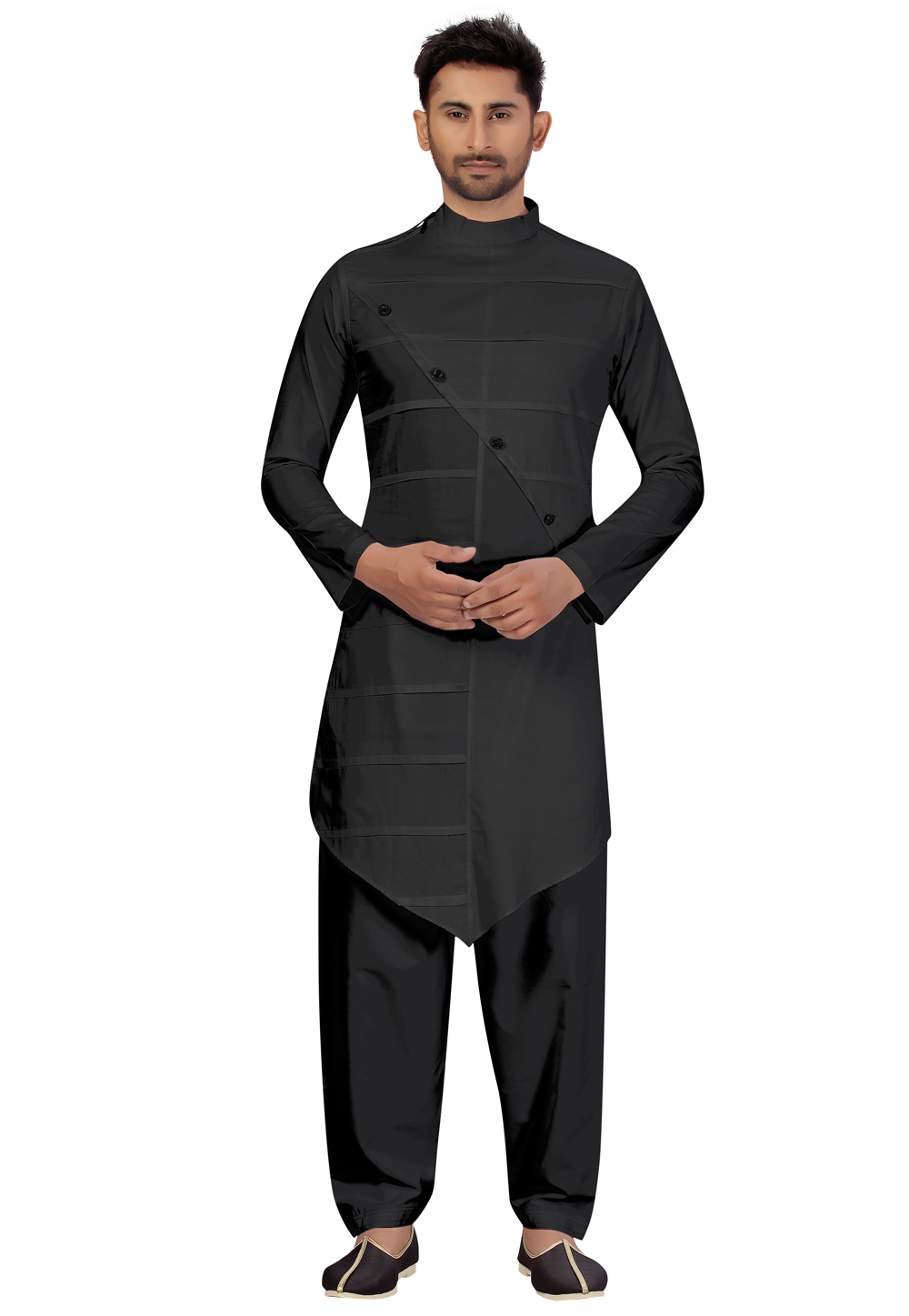 Black Cotton Pathani Suit 231066