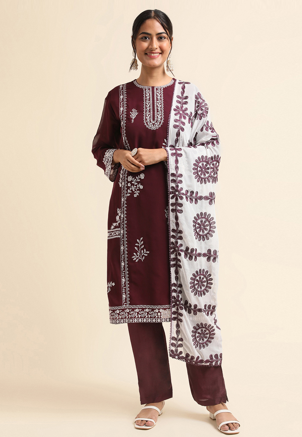 Wine Faux Georgette Pant Style Suit 271725