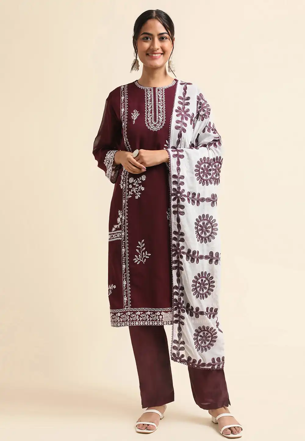 Wine Faux Georgette Pant Style Suit 271725