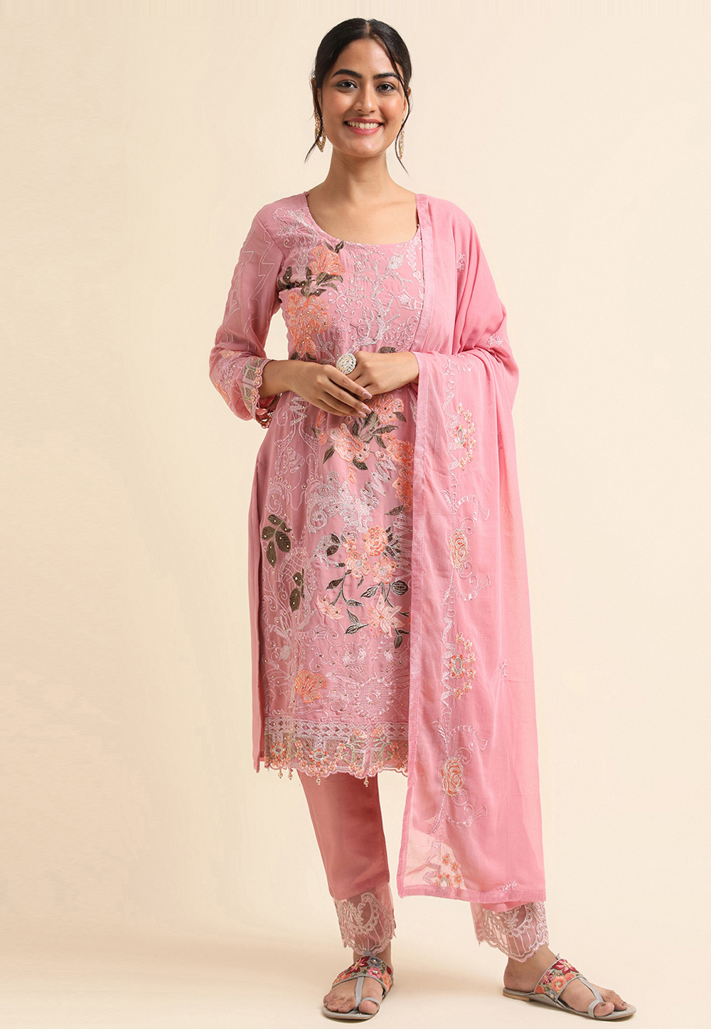 Pink Faux Georgette Pant Style Suit 271727