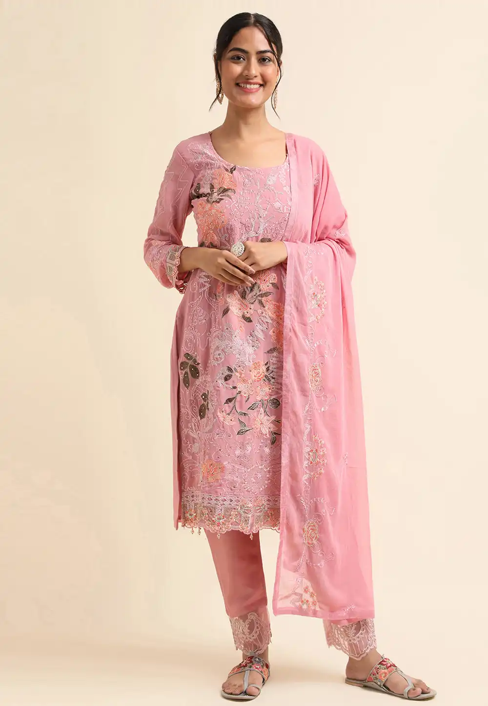 Pink Faux Georgette Pant Style Suit 271727