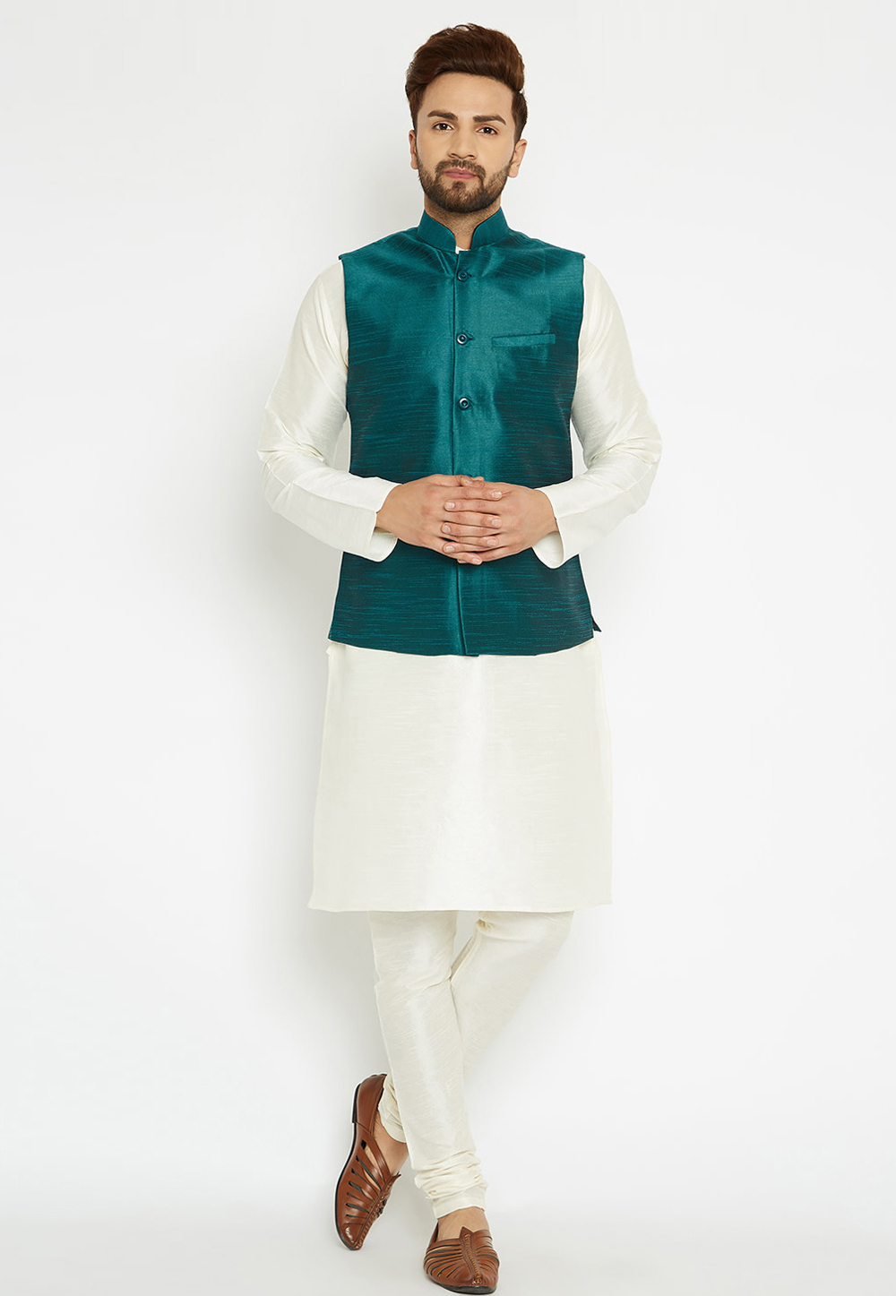 Off White Dupion Silk Kurta Pajama With Jacket 244504