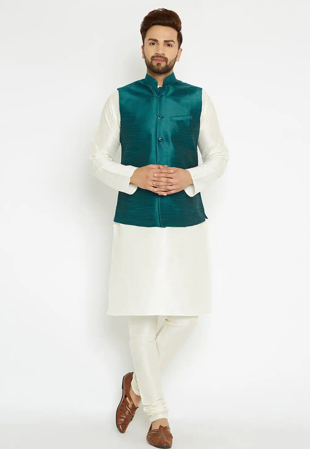 Off White Dupion Silk Kurta Pajama With Jacket 244504
